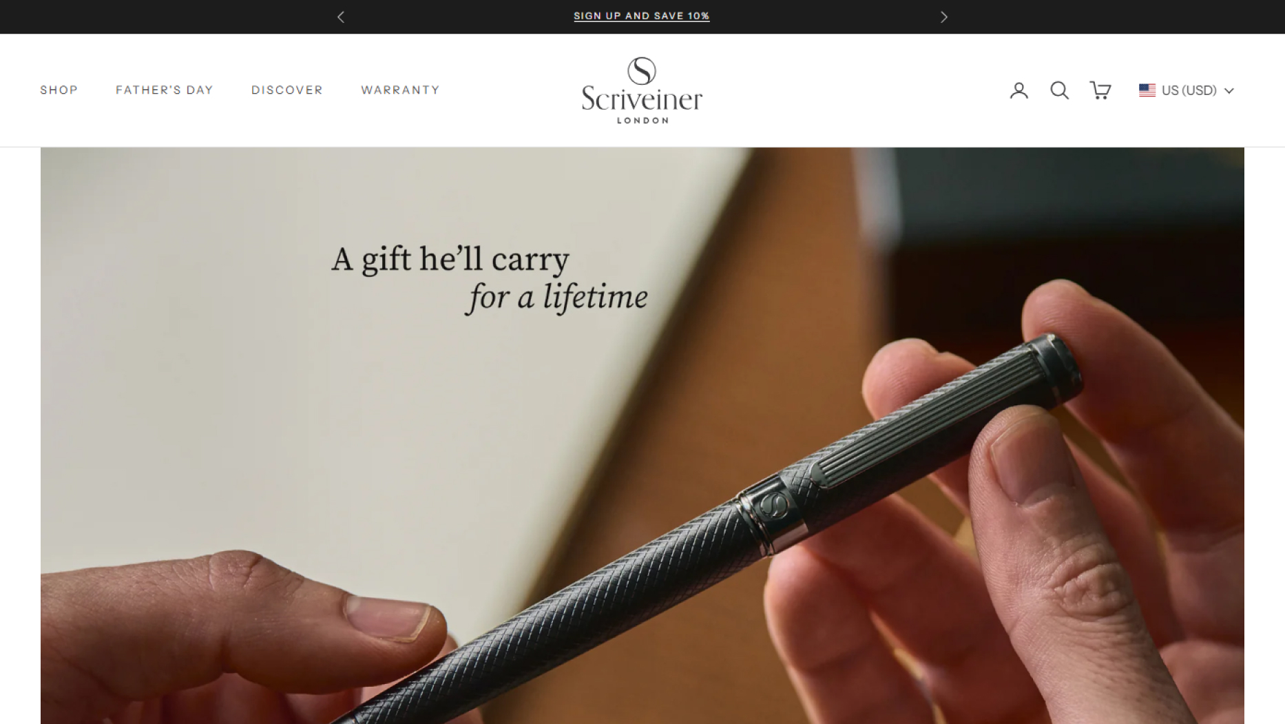 Scriveiner luxury pen Shopify storefront interface