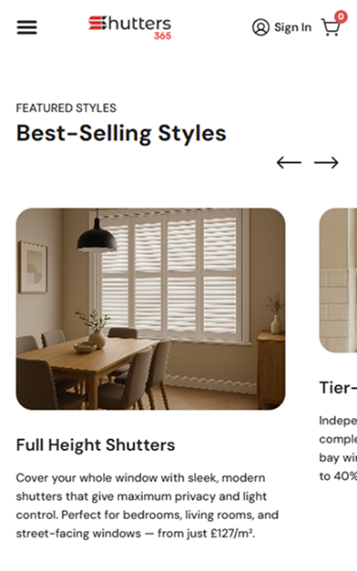 Shutters365 dimension and material selection step